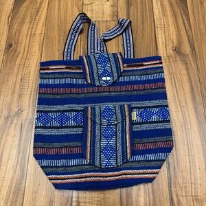 Artesanias Pinzon Woven Drawstring Boho Hippie Bag Beach Backpack Blue Orange